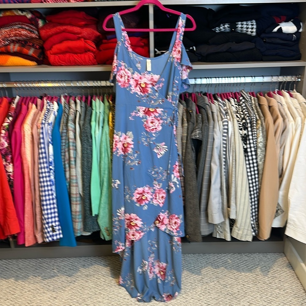 Peppermint blue/pink floral v neck hi low off the shoulder sleeve wrap dress S